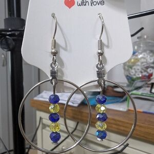 Silver Yellow and Blue Hoop Earrings with Beaded Design